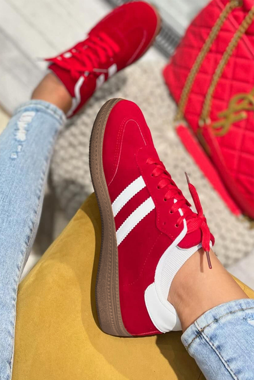 Fiery Red Vintage Striped Patchwork Lace-up Sneakers