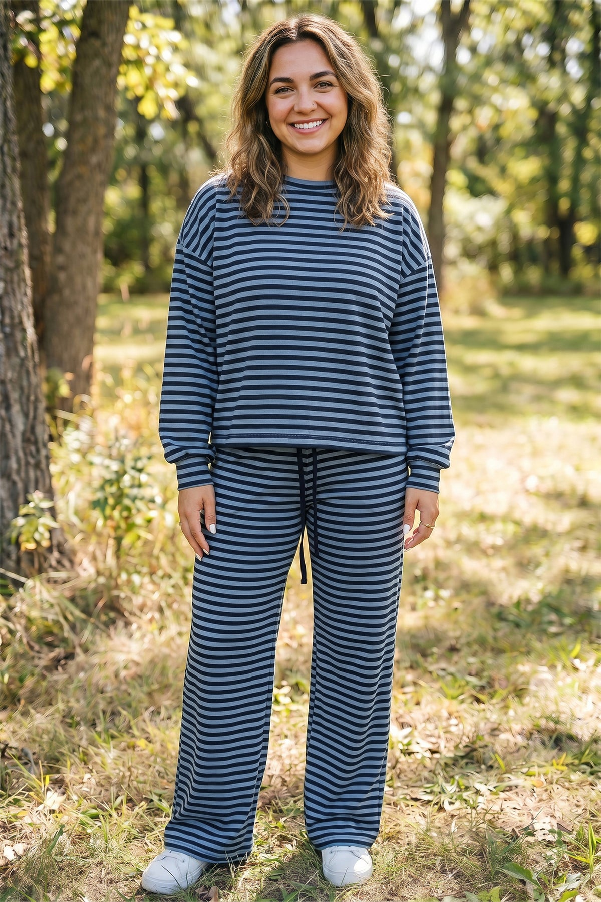 Blue Stripe Long-Sleeve Drawstring-Waist Plus Size Lounge Pants Set