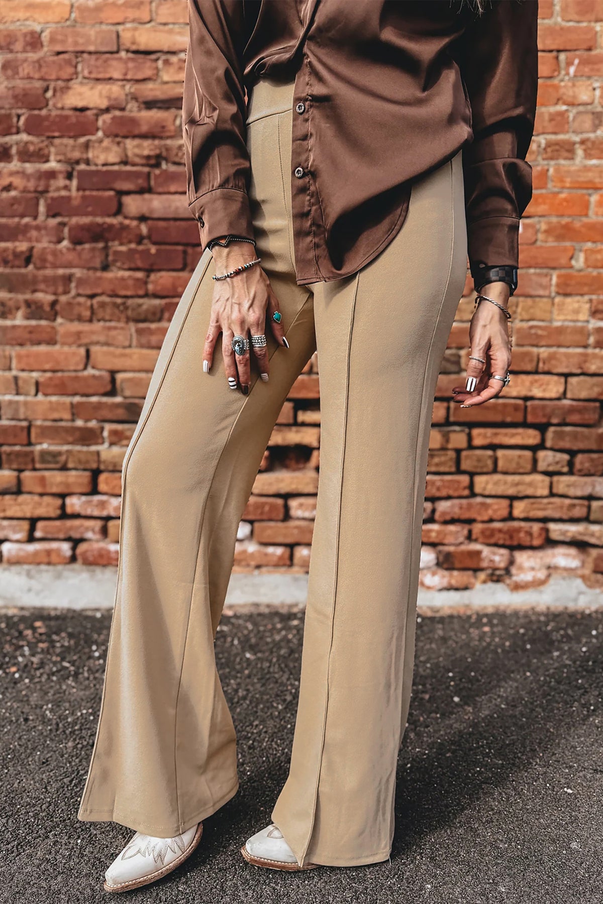 Parchment High Waist Full-Length Regular Fit Pants