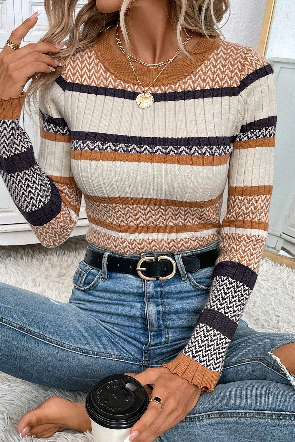 Brown Stripe Stylish Pattern Knitted Ribbed Trim Slim Sweater