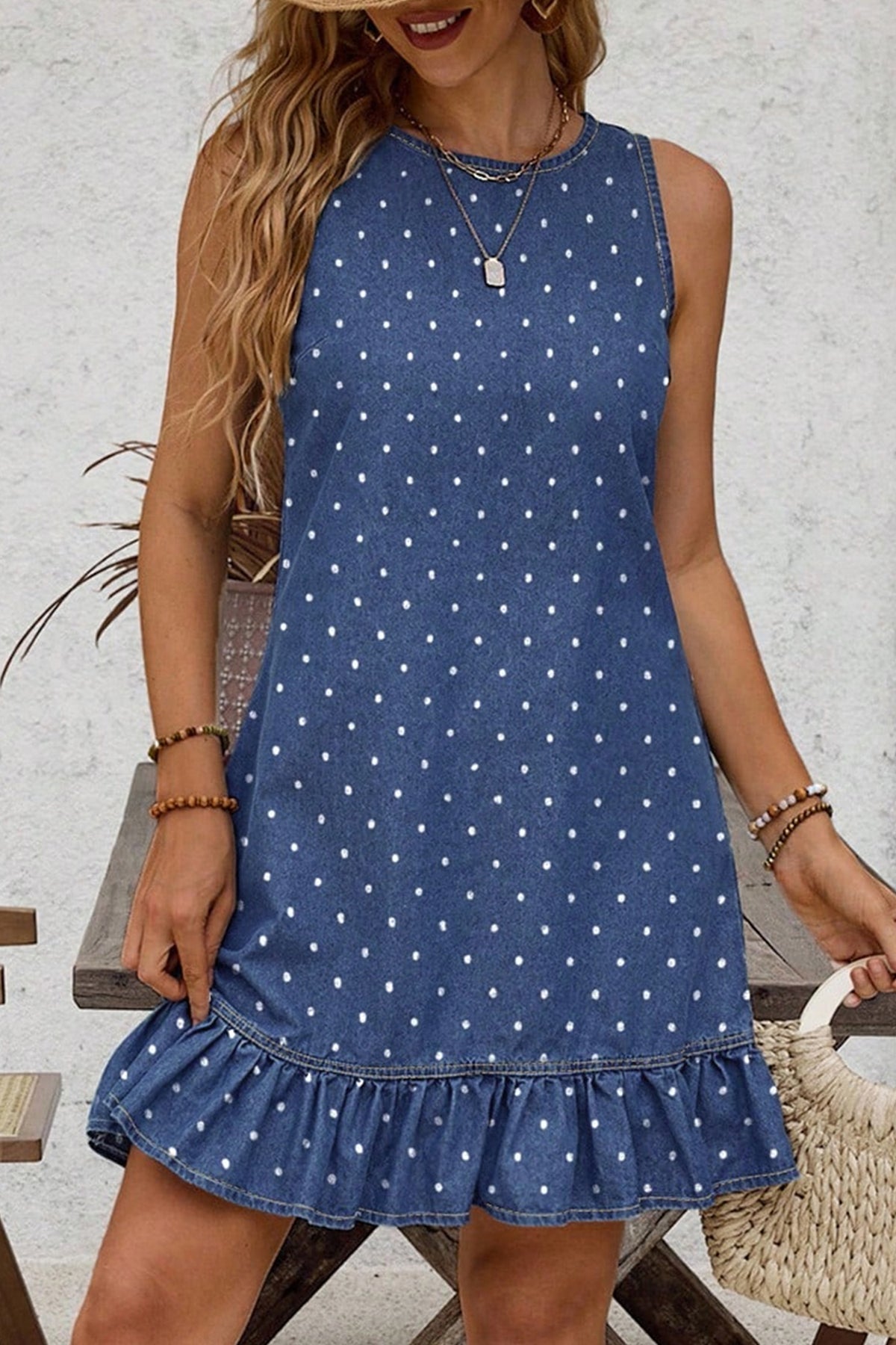 Blue Polka Dot Ruffle Denim Mini Dress