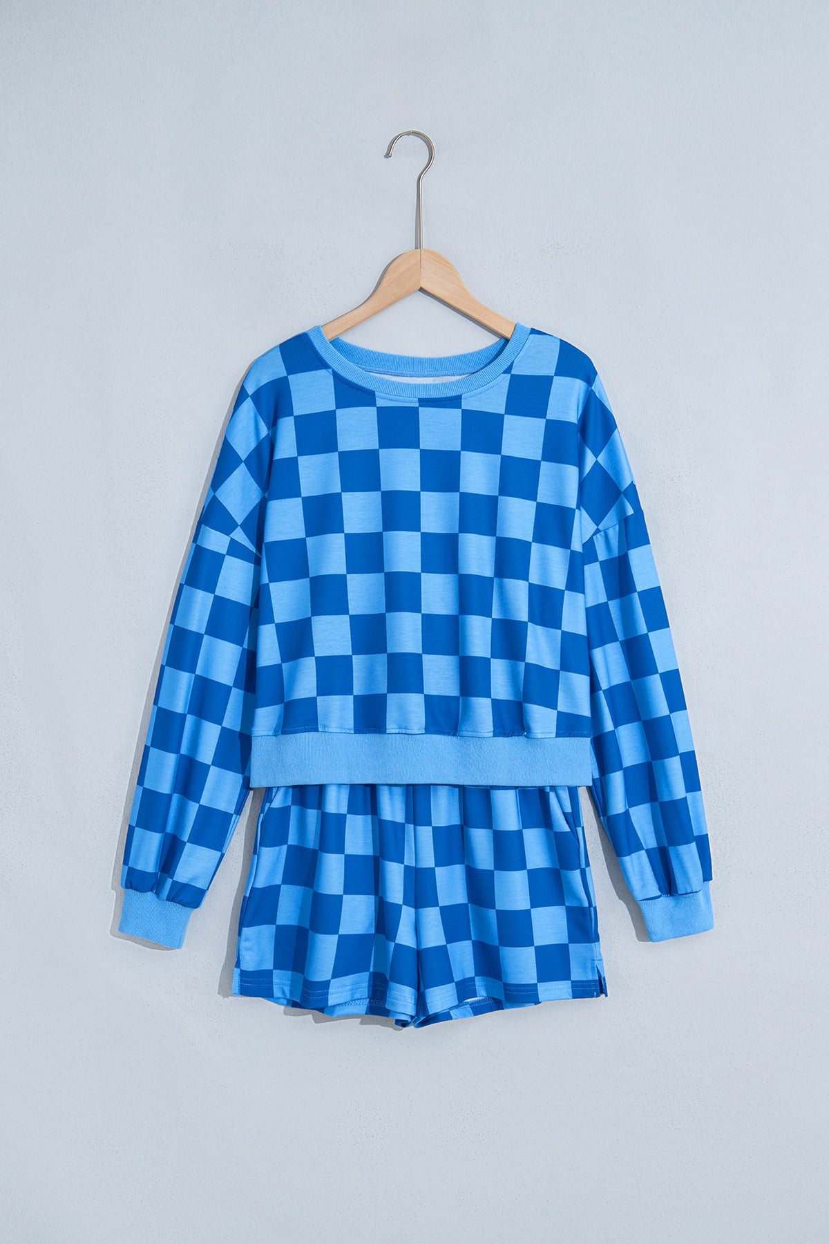 Women's Pink Plaid Checkered Long-Sleeve Crop Top Elastic Waist Shorts Two-Piece Set