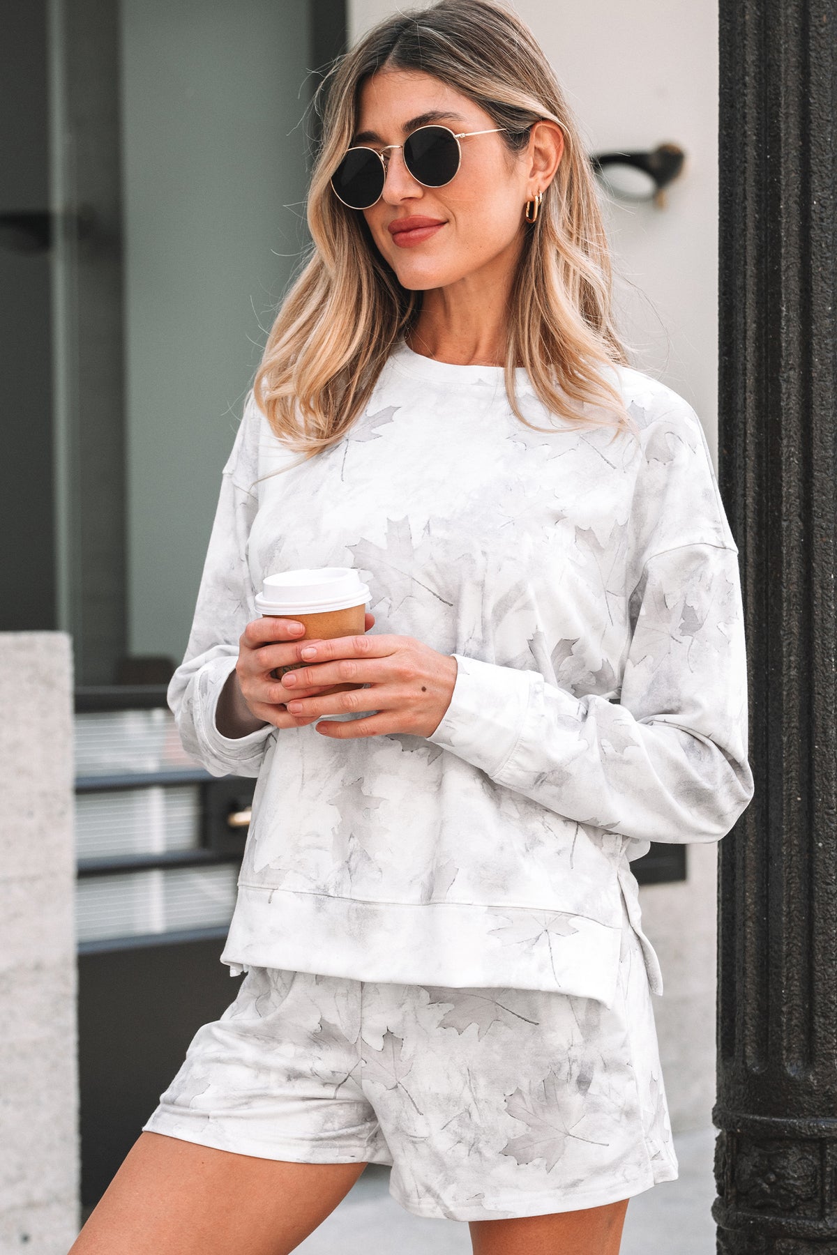 Women's Beige Maple Camo Print Pullover Top & Shorts Two-Piece Set