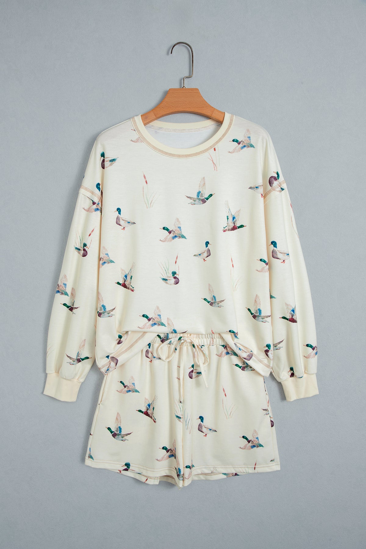 Women's Beige Free Mallard Print Long-Sleeve Top Drawstring Shorts Set