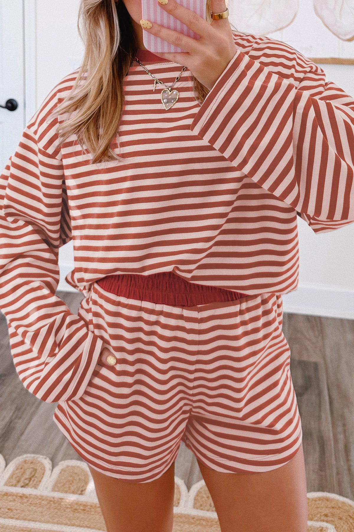 Women's Brown Stripe Relaxed Long-Sleeve Top Contrast Elastic Waistband Shorts Set
