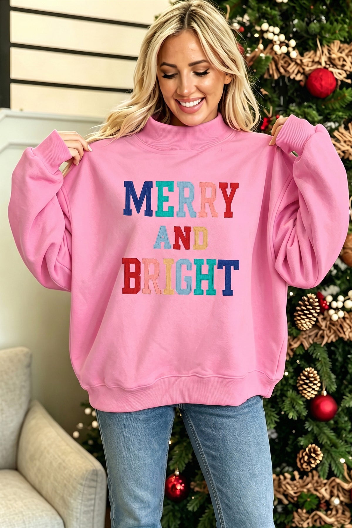Peach Blossom MERRY AND BRIGHT Stitched Sweatshirt