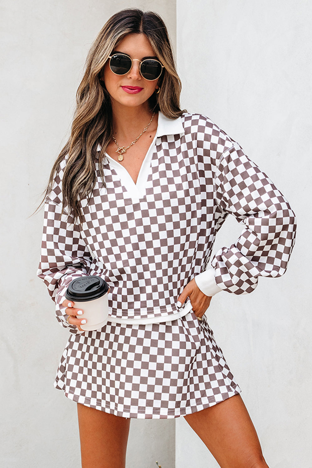Khaki Checkered Print Polo Collar Cropped Long Sleeve Top Drawstring Mini Skort Set