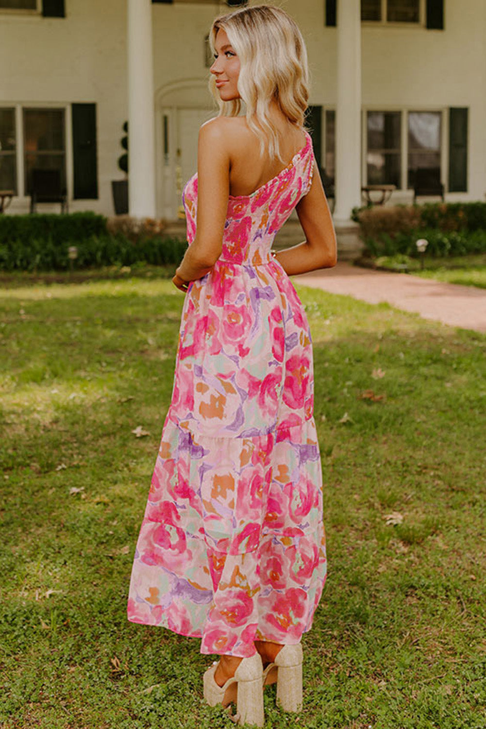 Pink Abstract One-Shoulder Maxi Dress