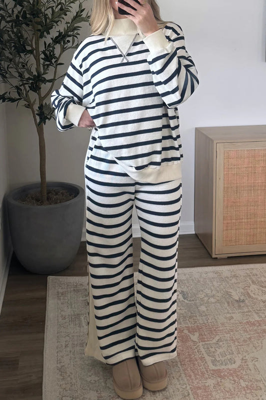 Blue Stripe Ribbed Cuff Collar Pocket Loose Pant Set