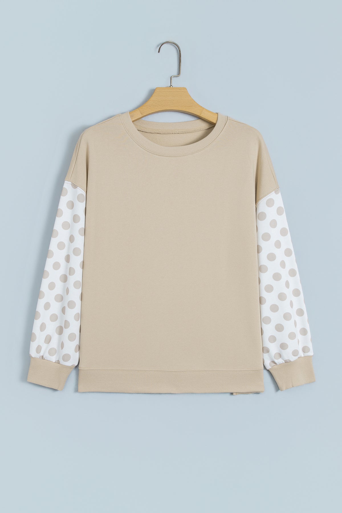 Khaki Polka Dot Patchwork Sleeve Crew Neck Sweatshirt