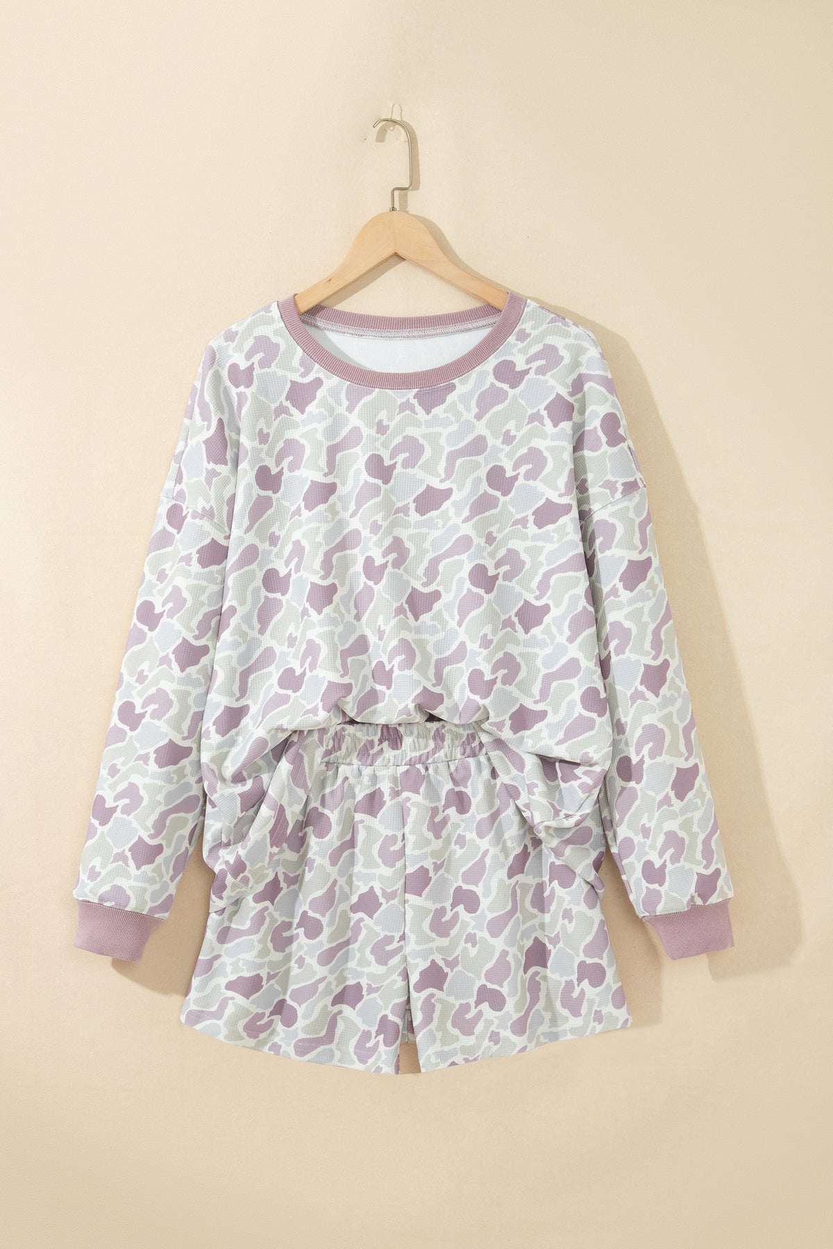 Women's Green Camouflage Waffle Knit Long-Sleeve Top Casual Shorts Set