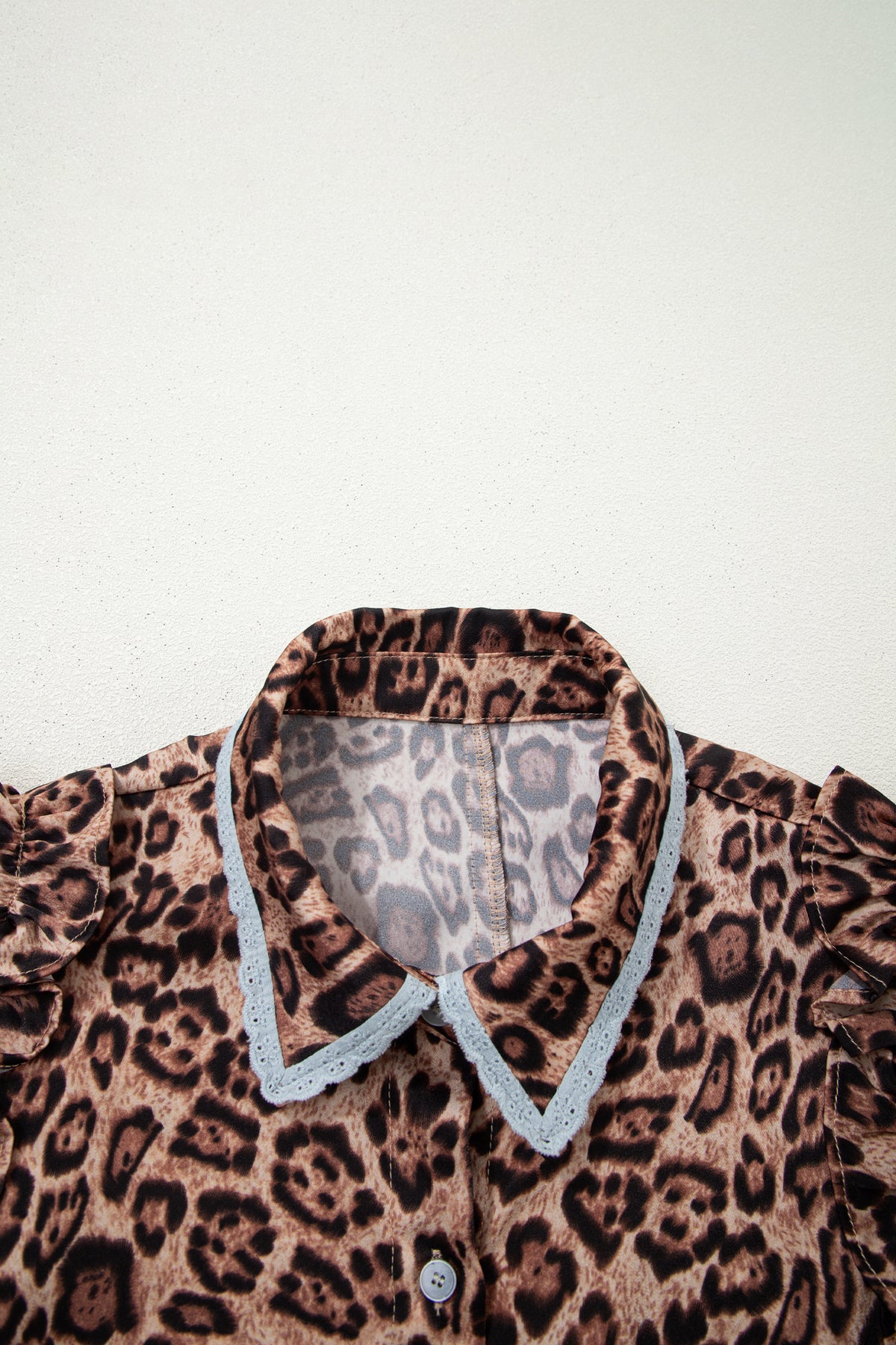 Khaki Leopard Print Lace Trim Shirt Collar Button Down Mini Dress