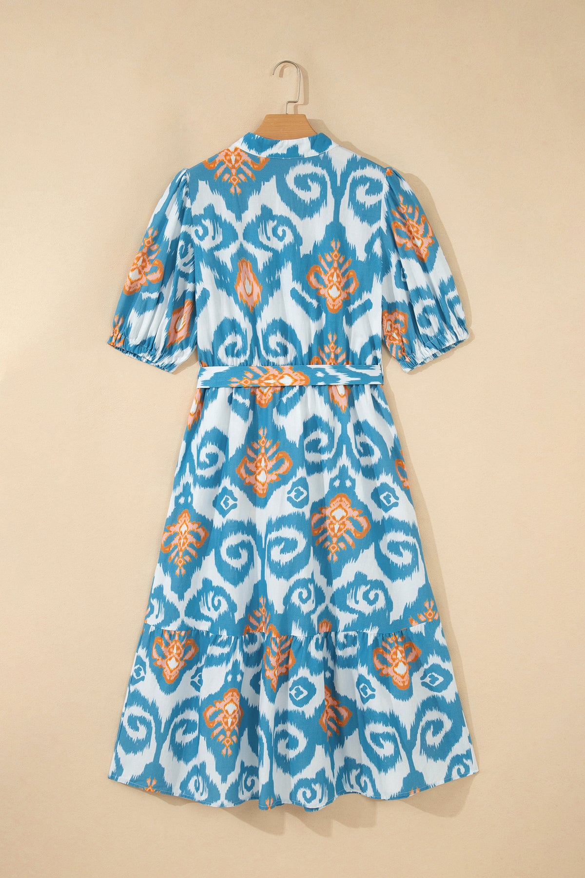 Sky Blue Boho Floral Print Short Puff Sleeve Ruffle Hem Midi Dress