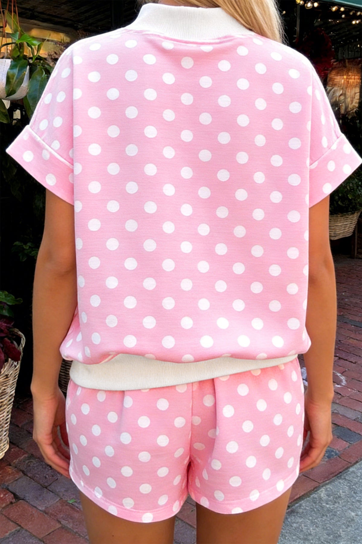 Women's Pink Polka Dot Print Color Block Trim Mock Neck Shorts Two-Piece Set