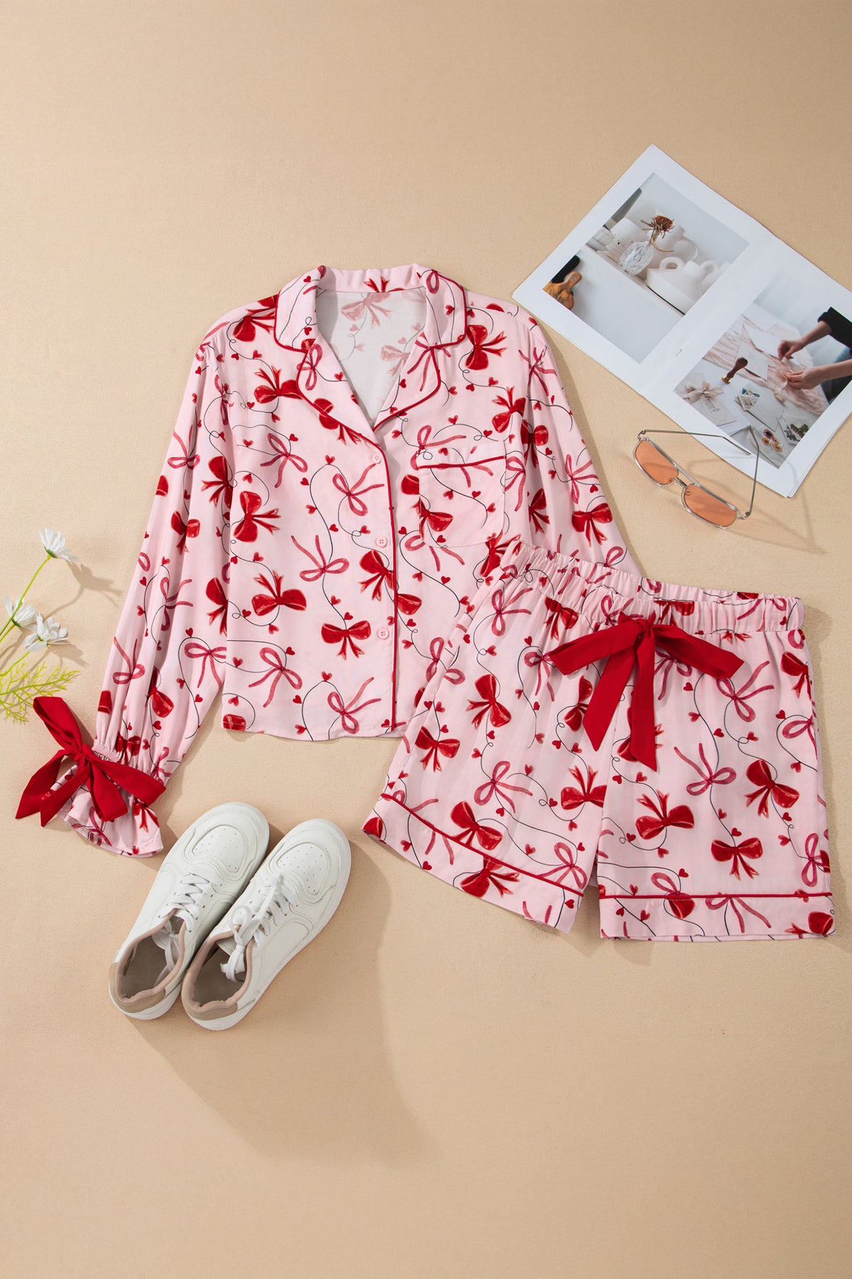 Red Bow Print Valentine Long Sleeve Shirt Shorts Pajama Set