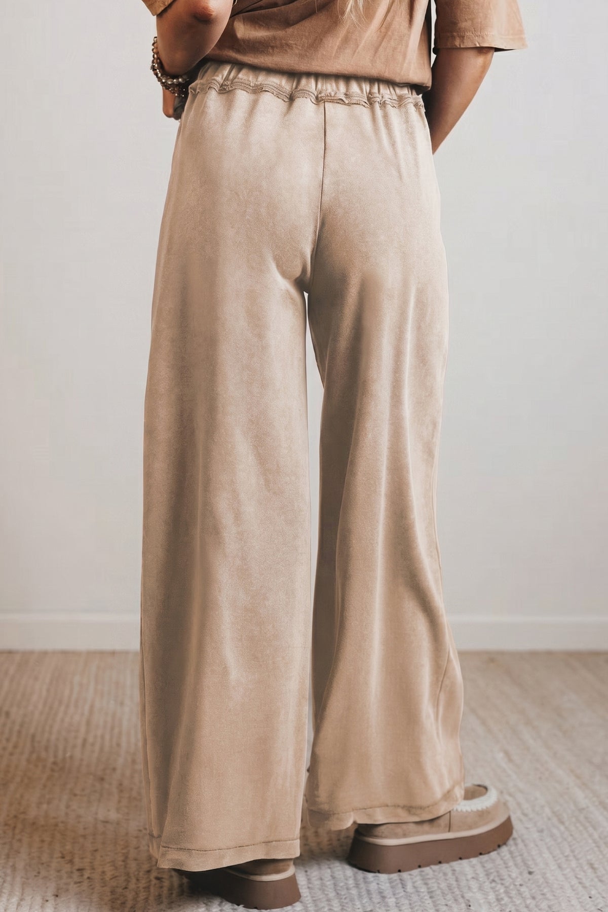 Smoke Gray Mineral Wash Drawstring Retro High Waist Wide Leg Pants