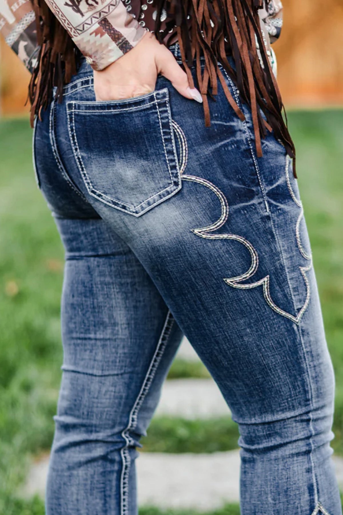 Blue Western Embroidered Flare Full-Length Jeans