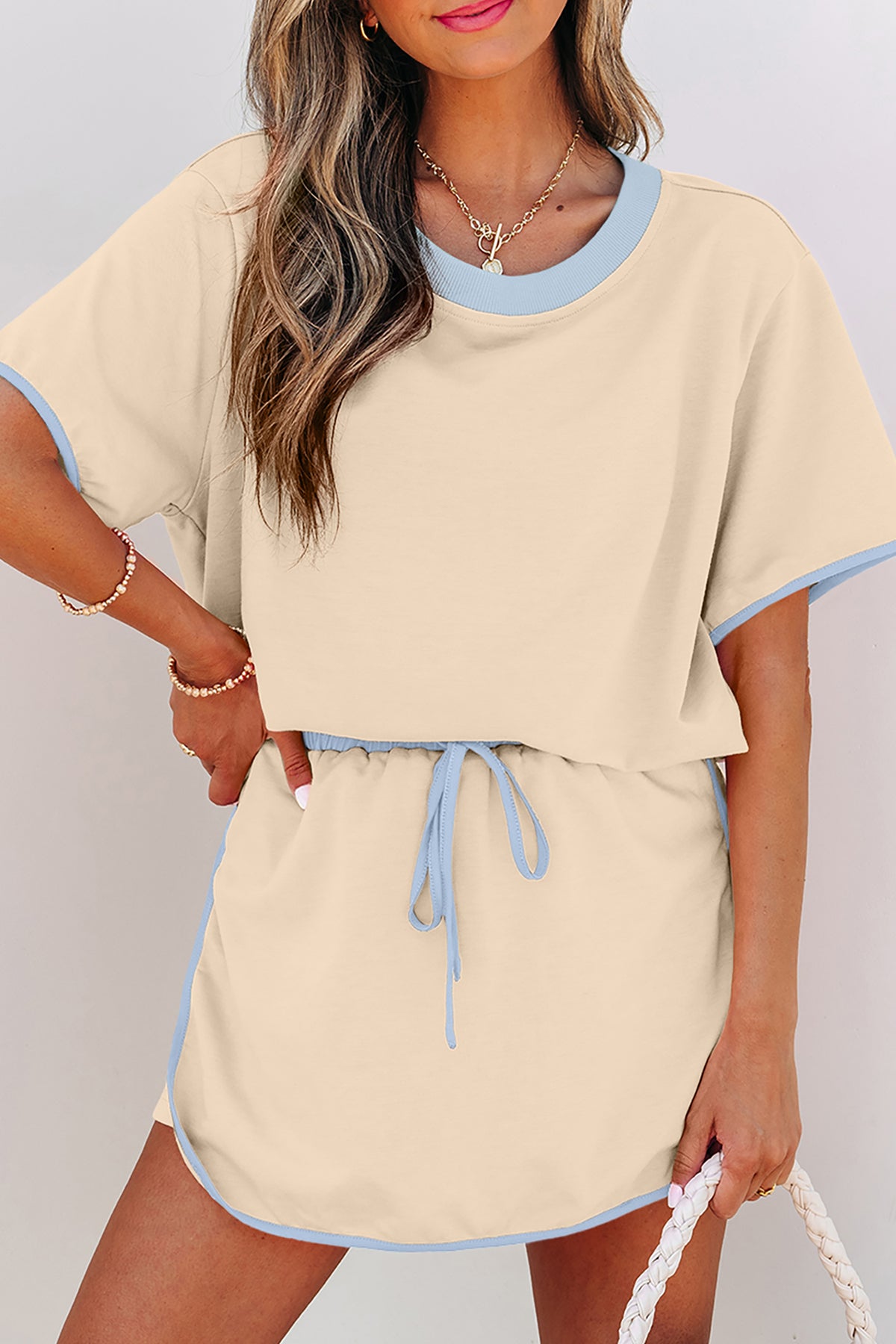 Women's Apricot Colorblock Edge Drop Shoulder T Shirt and Skort Two-Piece Set