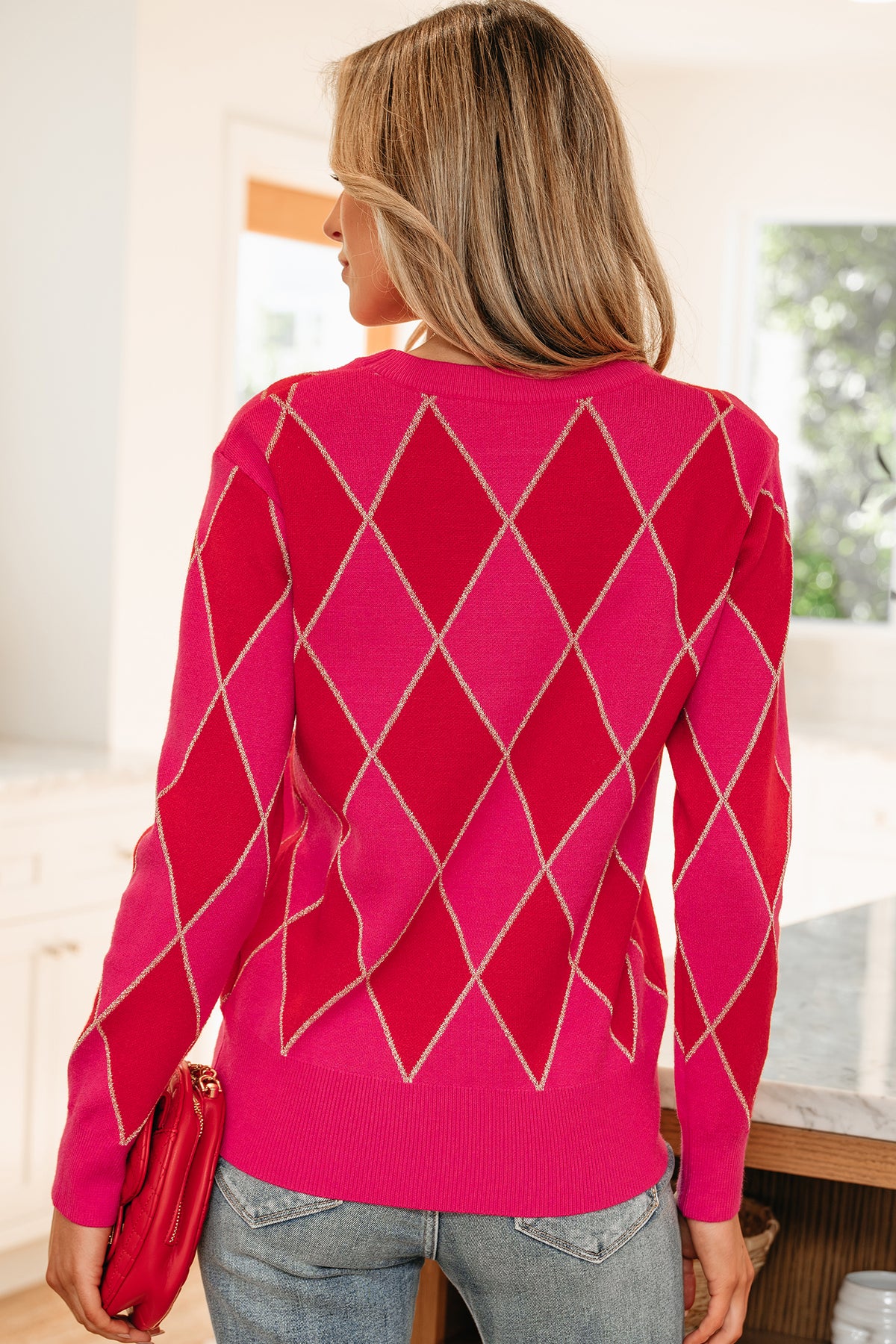 Rose Red Glitter Rhombus Pattern Knit Womens Casual Sweater
