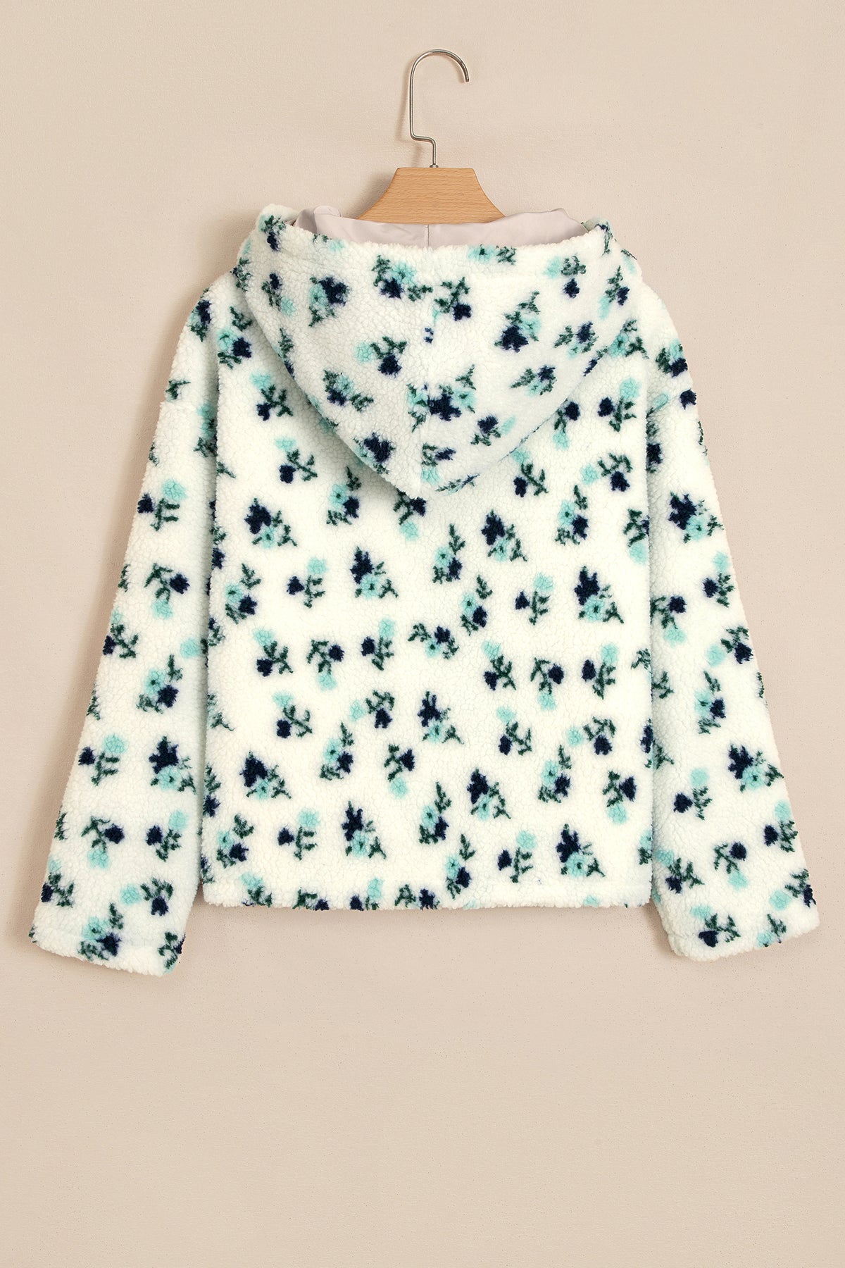 White Floral Faux Fur Hooded Zip Jacket