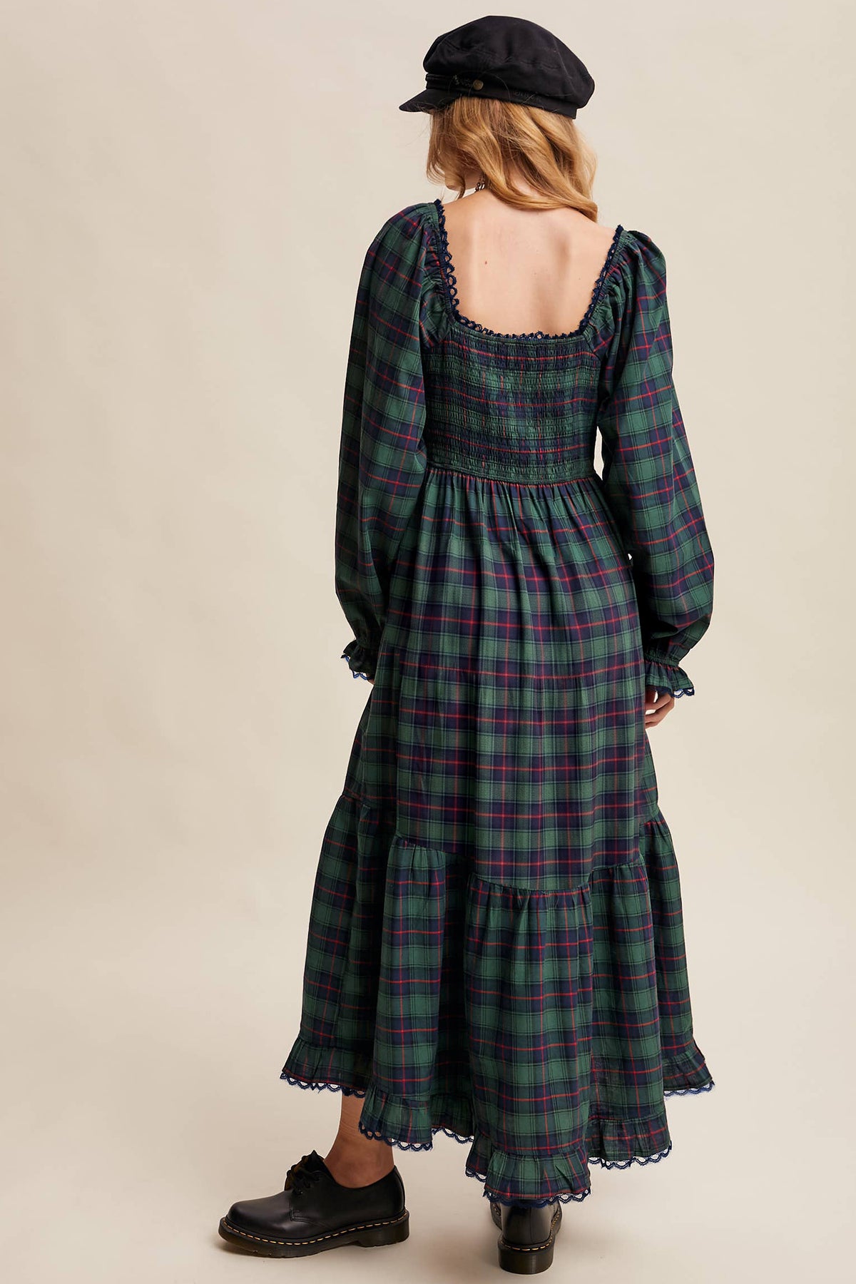 Green Plaid Lace Square-Neck Maxi Dress
