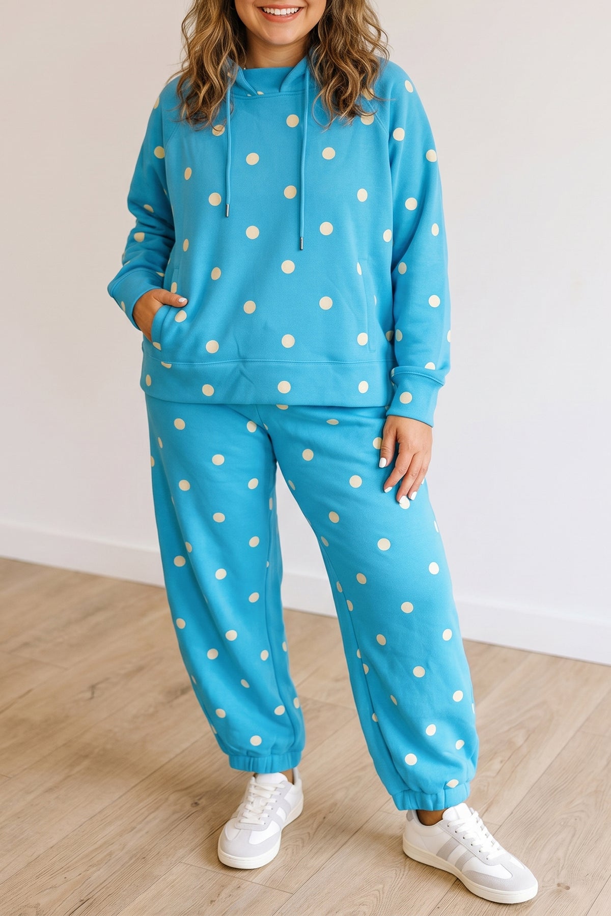 Blue Polka Dot Hooded Drawstring Long-Sleeve Plus Size Set