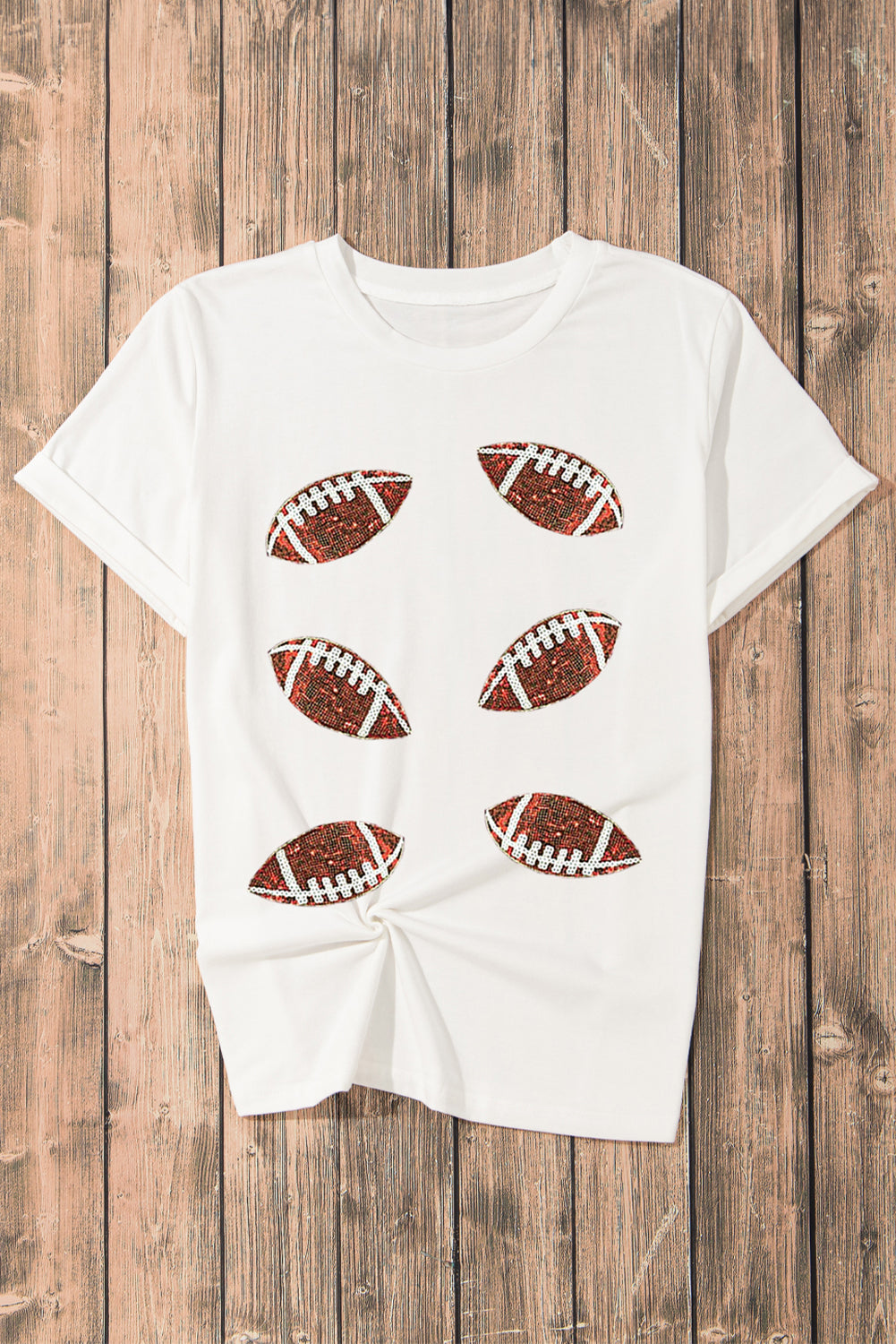 White Sequined Rugby Football Graphic Cotton T-Shirt