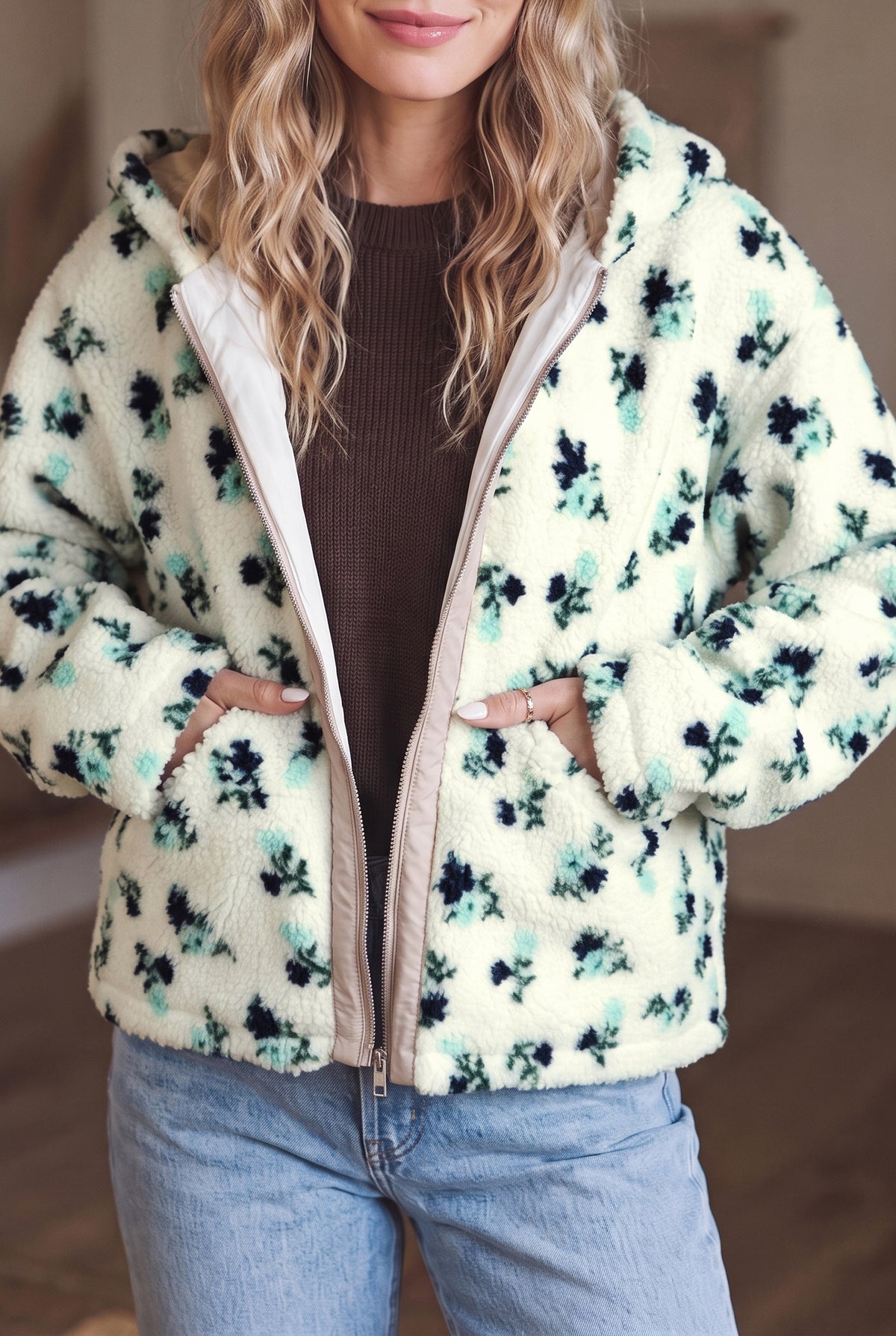 White Floral Faux Fur Hooded Zip Jacket