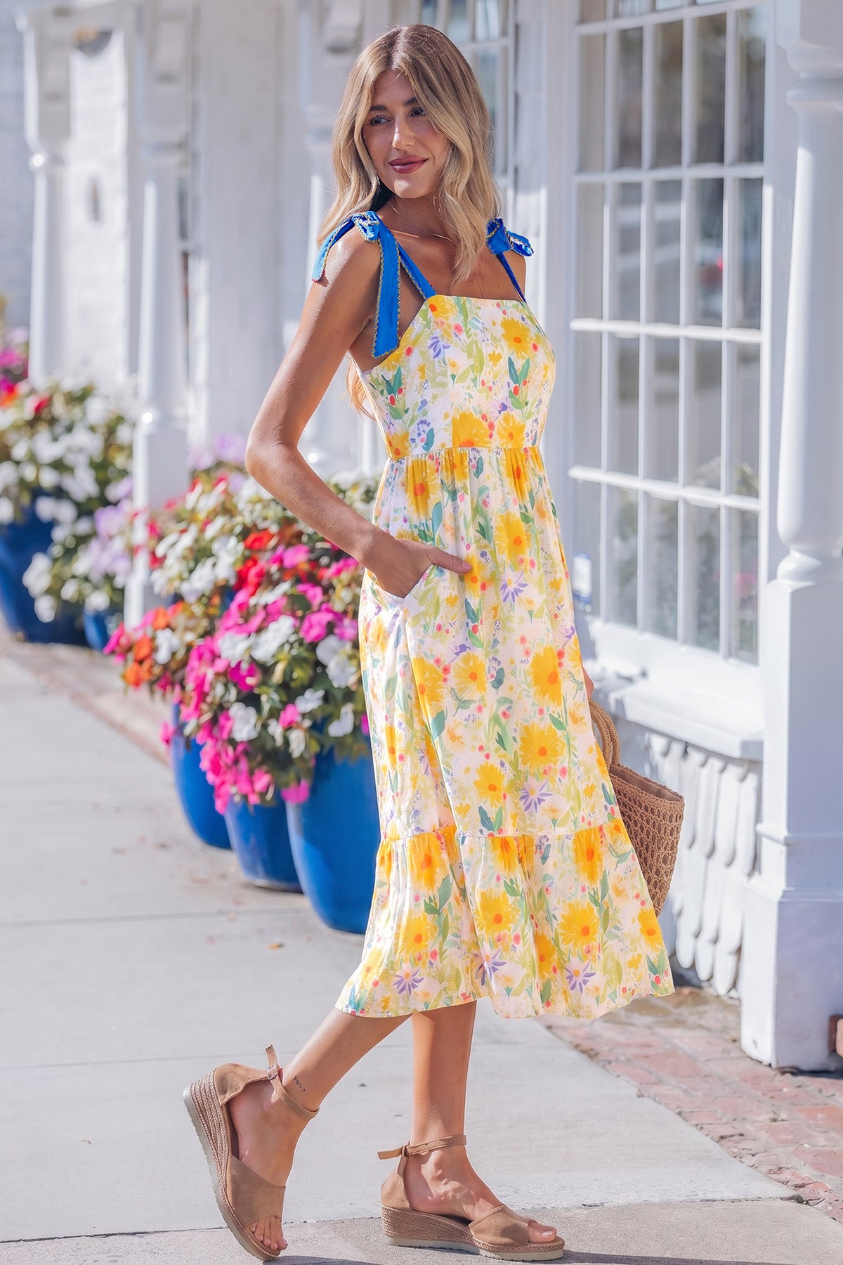 Yellow Floral Print Contrast Stitched Denim Straps High Waist Dress