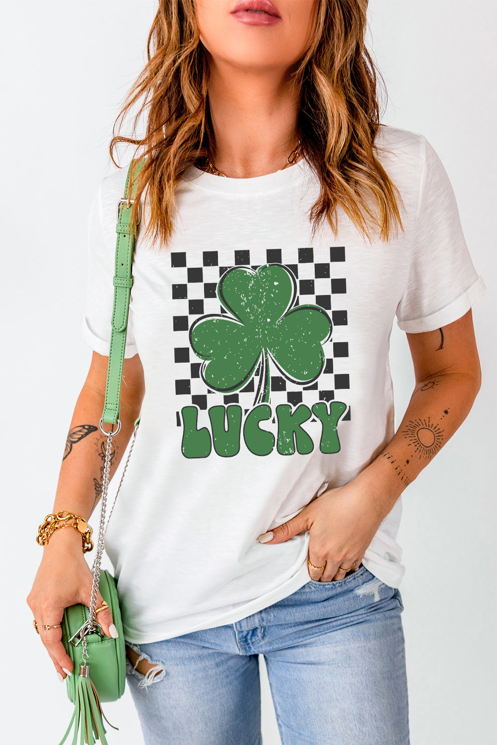 White Checker LUCKY Clover Printed St Patricks T-Shirt