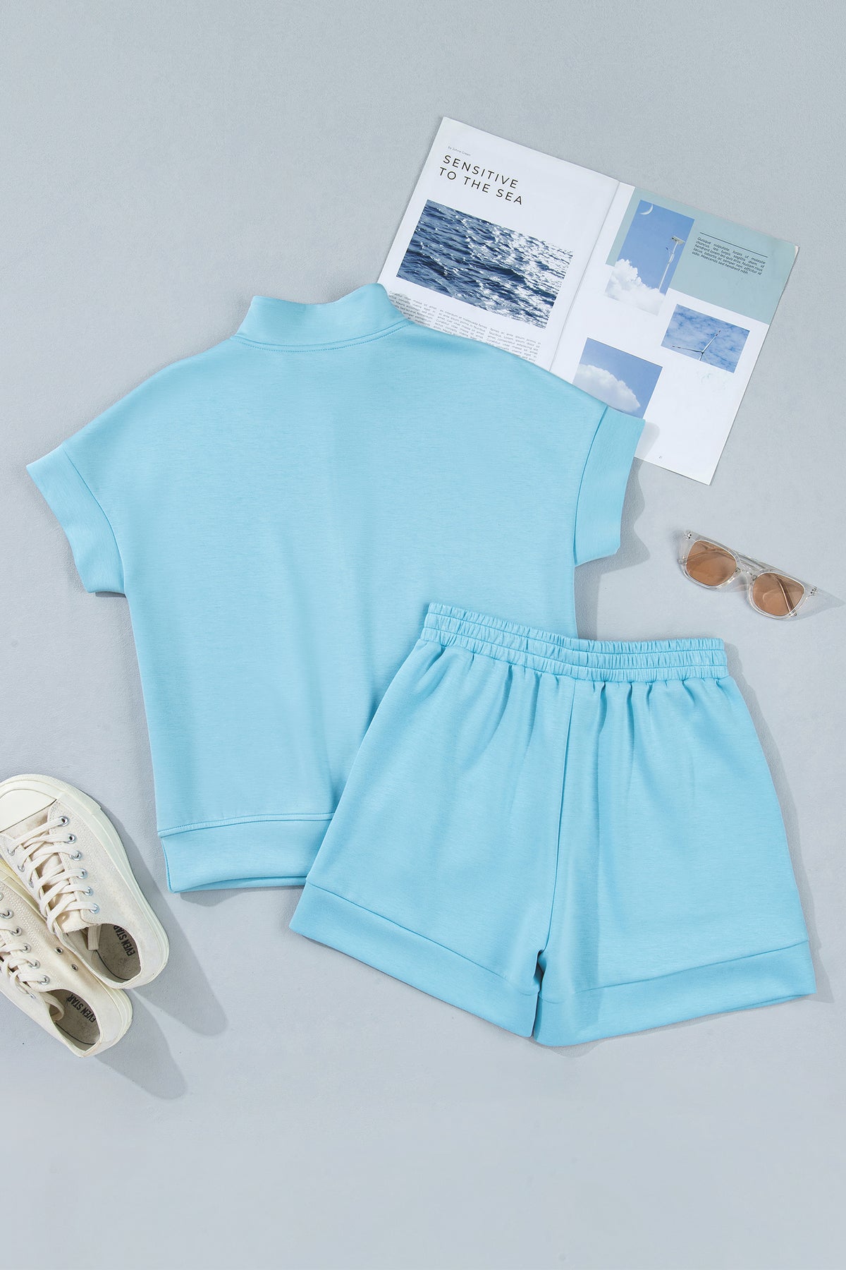 Women's Myosotis Half Zip High Neck Tee Athleisure Shorts Two-Piece Set