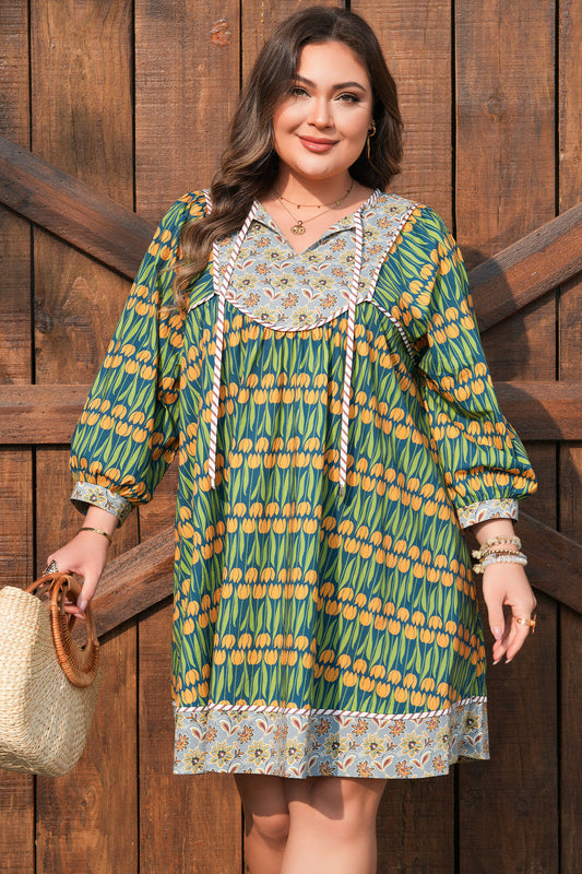 Green Plus Size Mixed Floral Print Striped Trim Loose Mini Dress