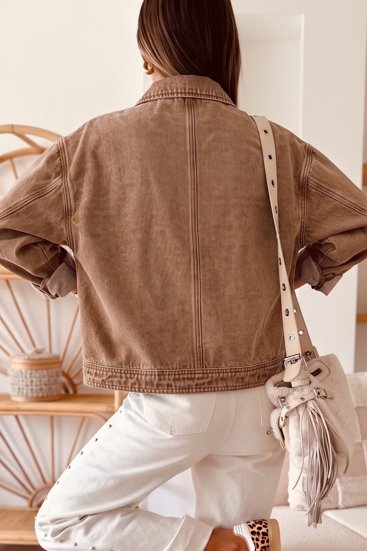 Coffee Studded Zip Front Rivet Pocket Denim Jacket