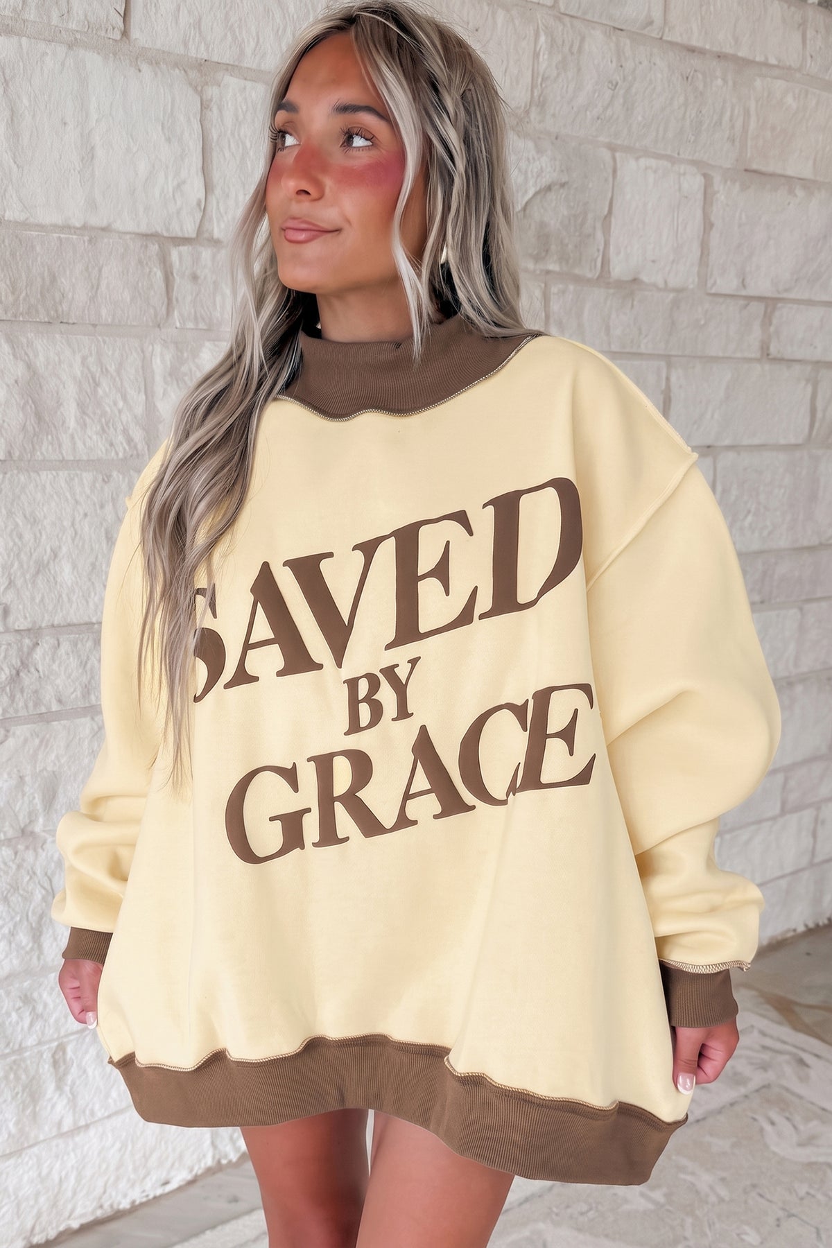 Coffee Saved By Grace Print Mock Neck Oversized Sweatshirt