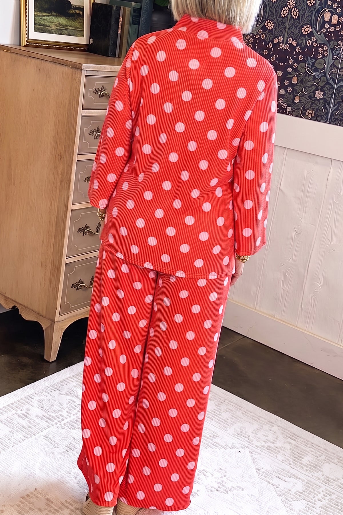 Red Polka Dot Ribbed Knit Mock Neck Pullover Pants Two Piece Set