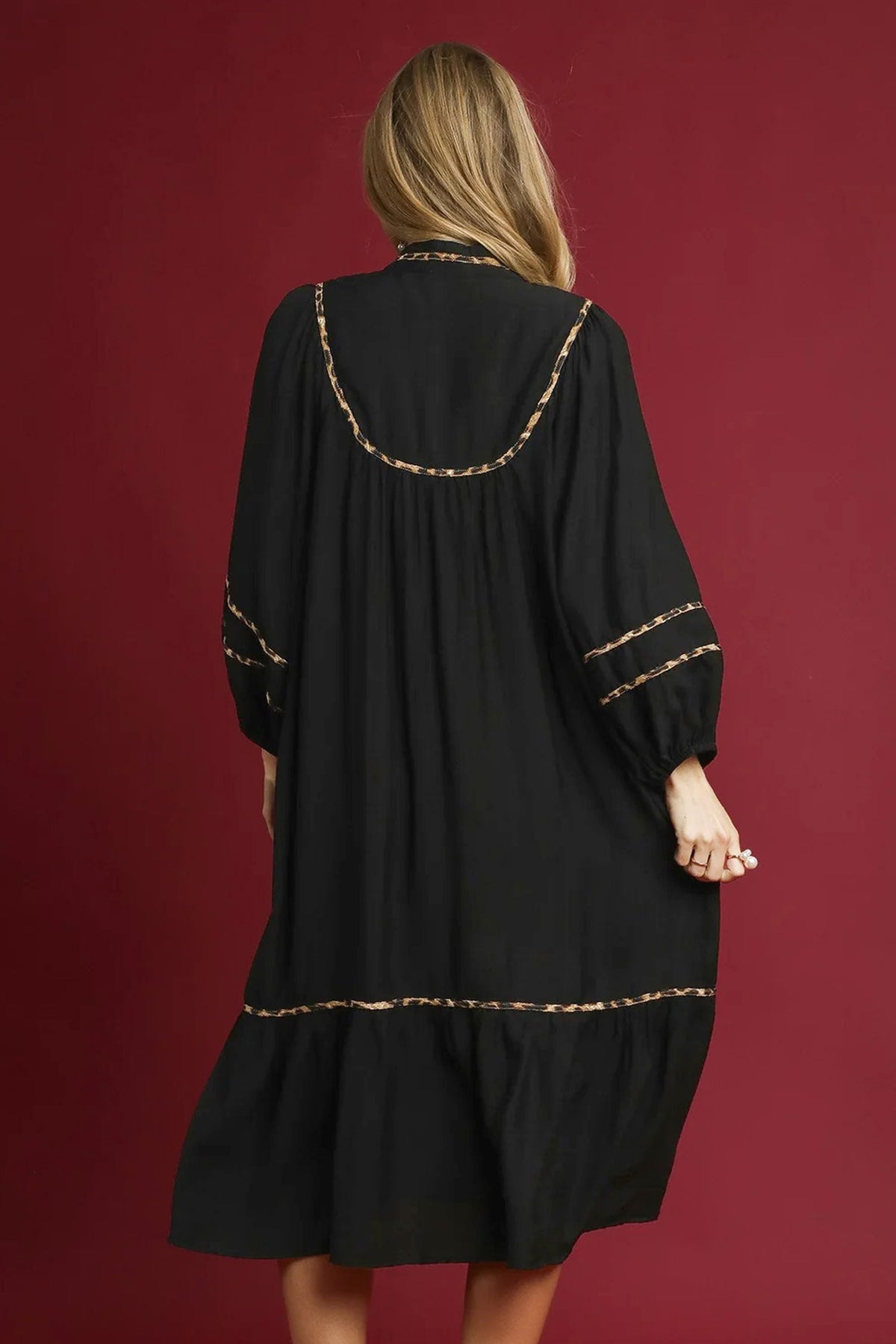 Black Contrast Leopard Trim Split Neck Long Sleeve Midi Dress
