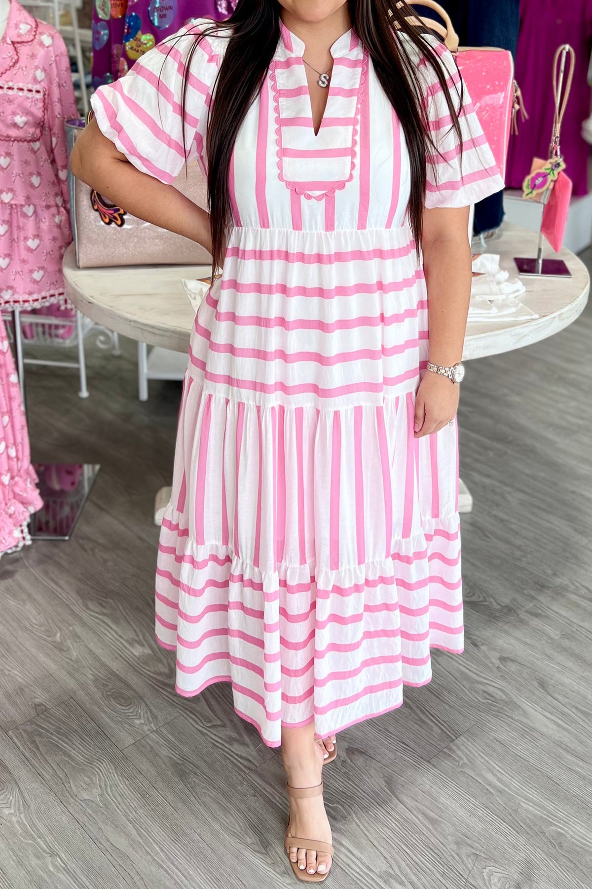 Pink Stripe Plus Size V-Neck Short Puff Sleeve Tiered Maxi Dress