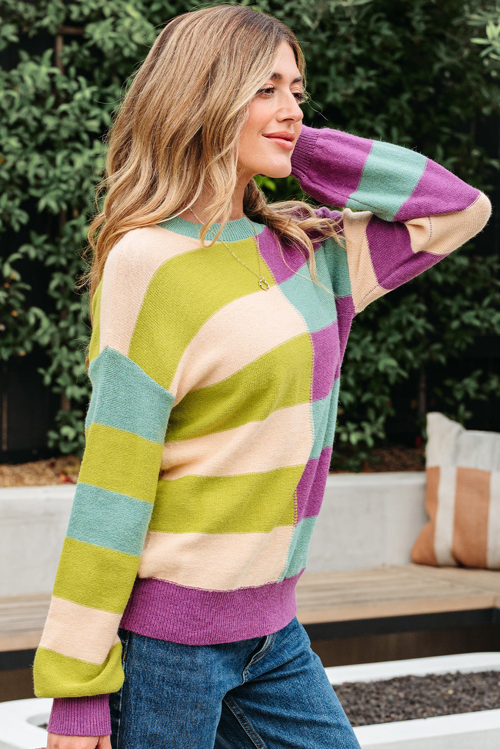 Green Stripe Drop Shoulder Ribbed Edge Casual Sweater