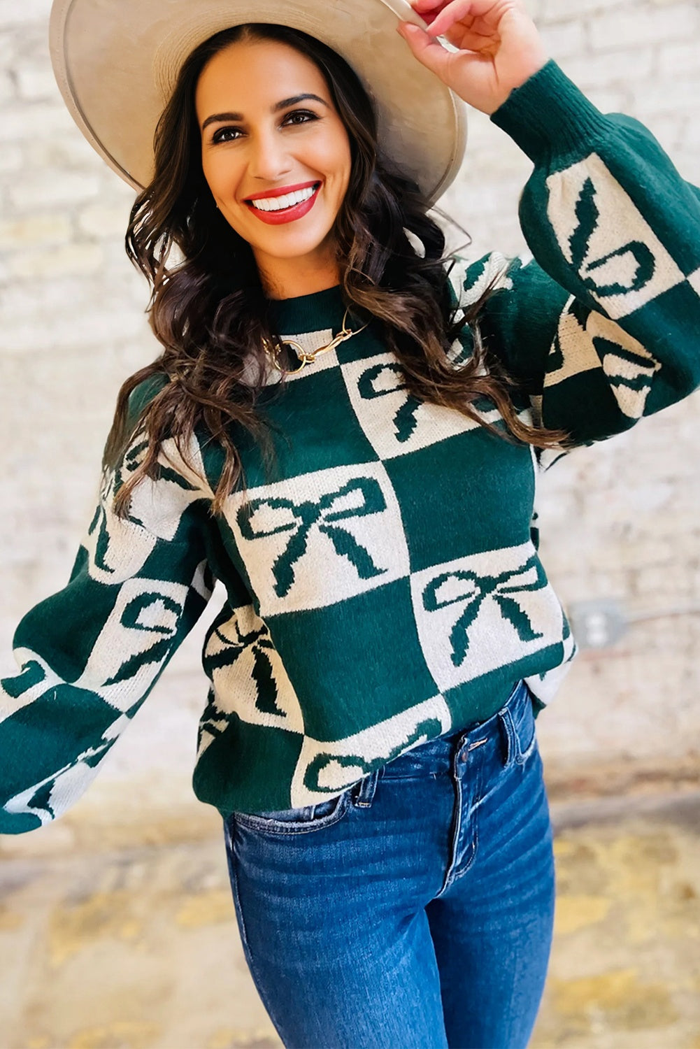 Blackish Green Checkered Bow Print Casual Sweater
