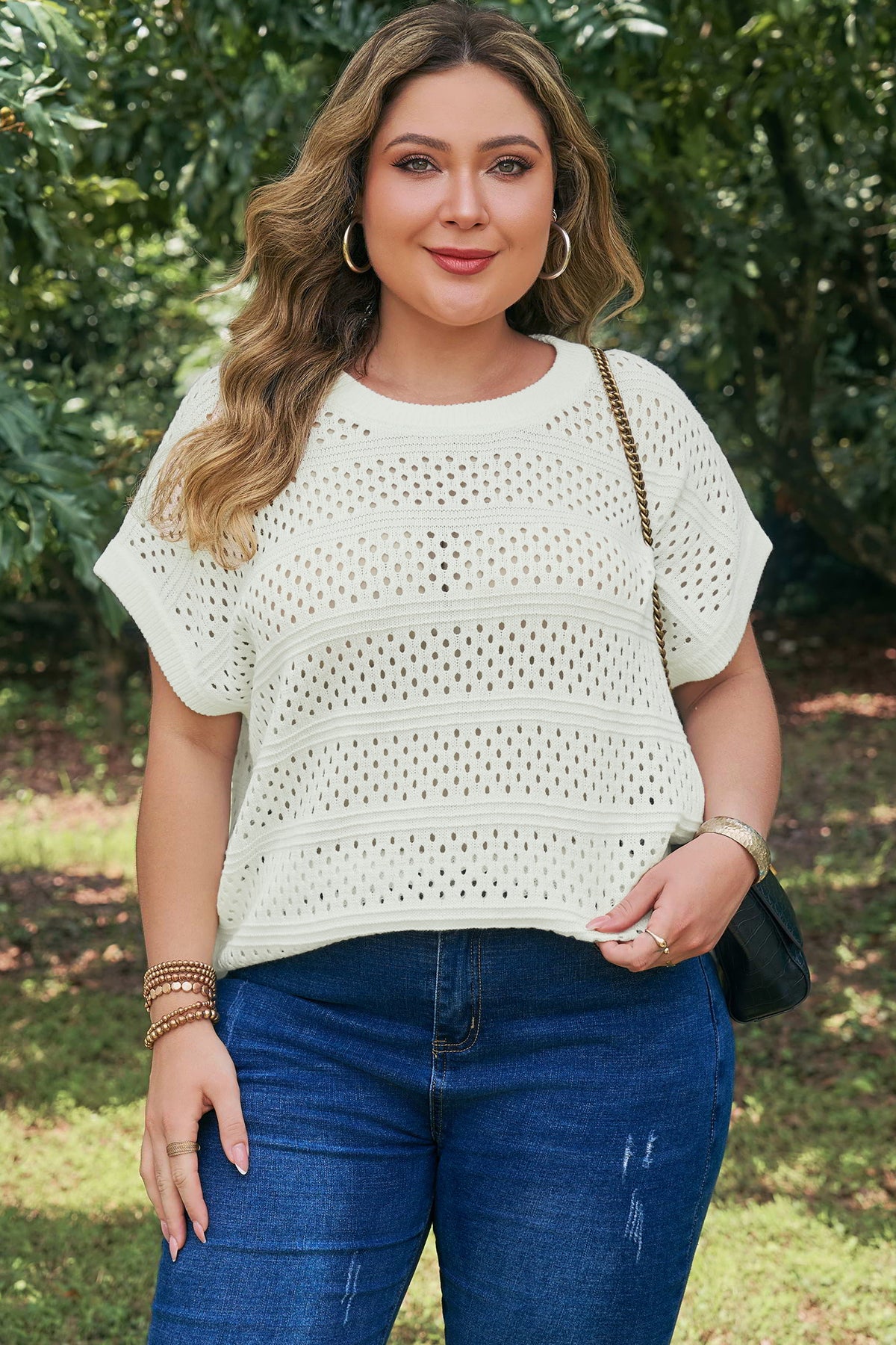 White Plus Size Eyelet Hollow Out Knit Ribbed Trim Short-Sleeve Dolman Sweater