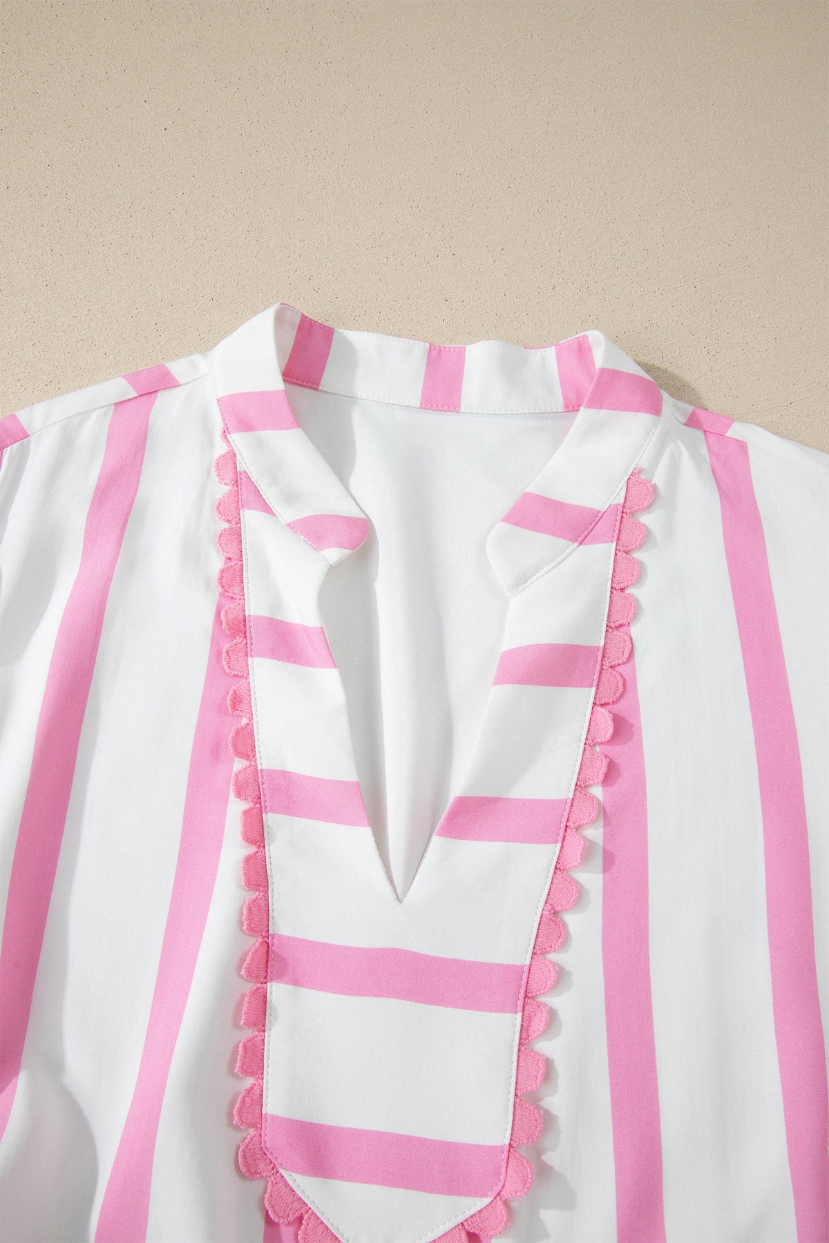 Pink Stripe Plus Size V-Neck Short Puff Sleeve Tiered Maxi Dress