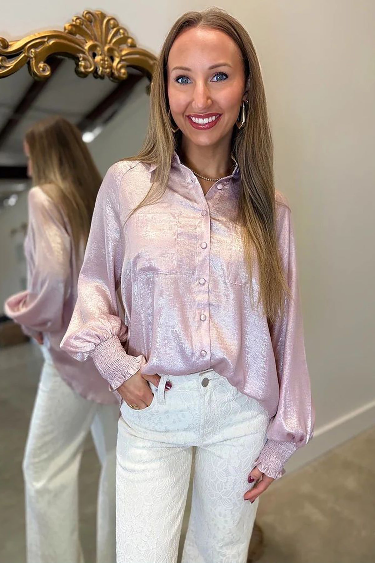 Delicacy Button Front Ruffle Cuffs Back Paneling Shirt