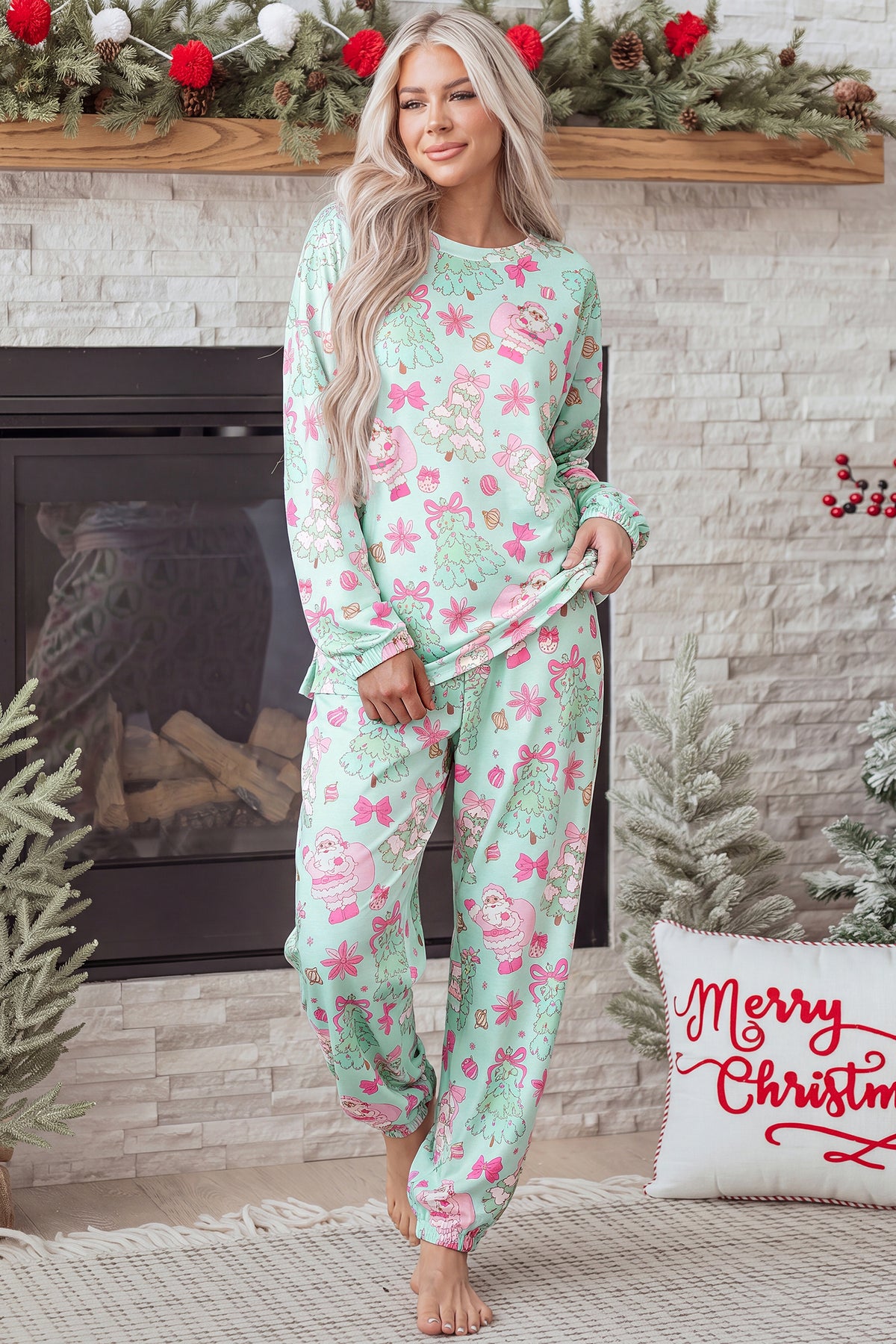 Green Abstract Print Long Sleeve Lounge Set