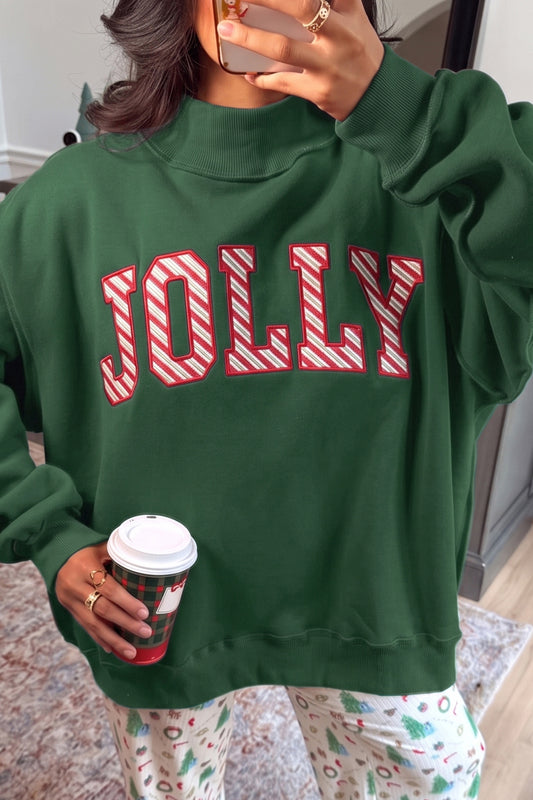 Blackish Green MERRY Embroidered Letter High Neck Tunic Sweatshirt