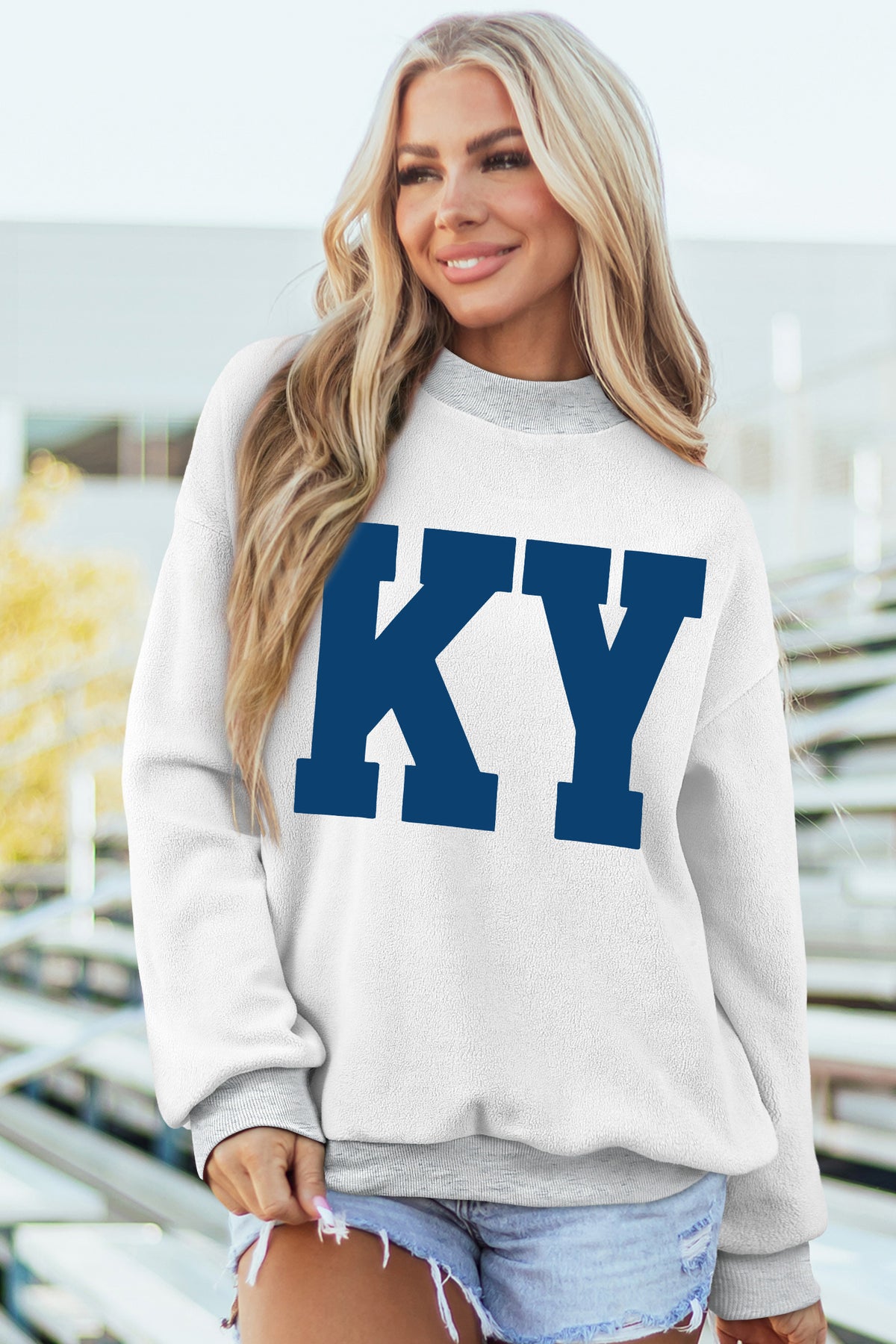 Dark Blue KENTUCKY Leopard KY Letter Print Reversible High Neck Sweatshirt