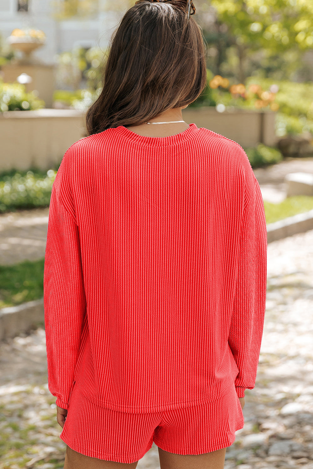 Women's Corded Knit Long-Sleeve Top & High-Waist Shorts Set