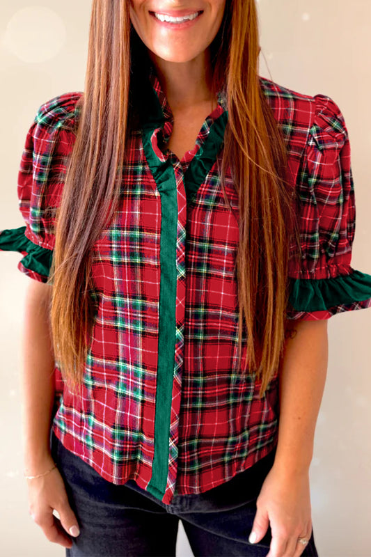 Red Plaid V Neck Ruffle Color Block Short Sleeve Shirt