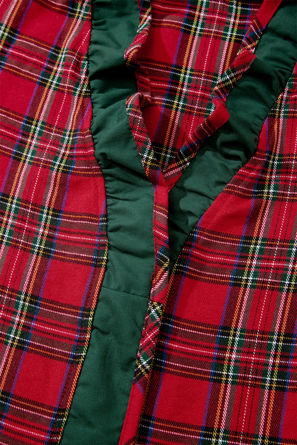Red Plaid V Neck Ruffle Color Block Short Sleeve Shirt