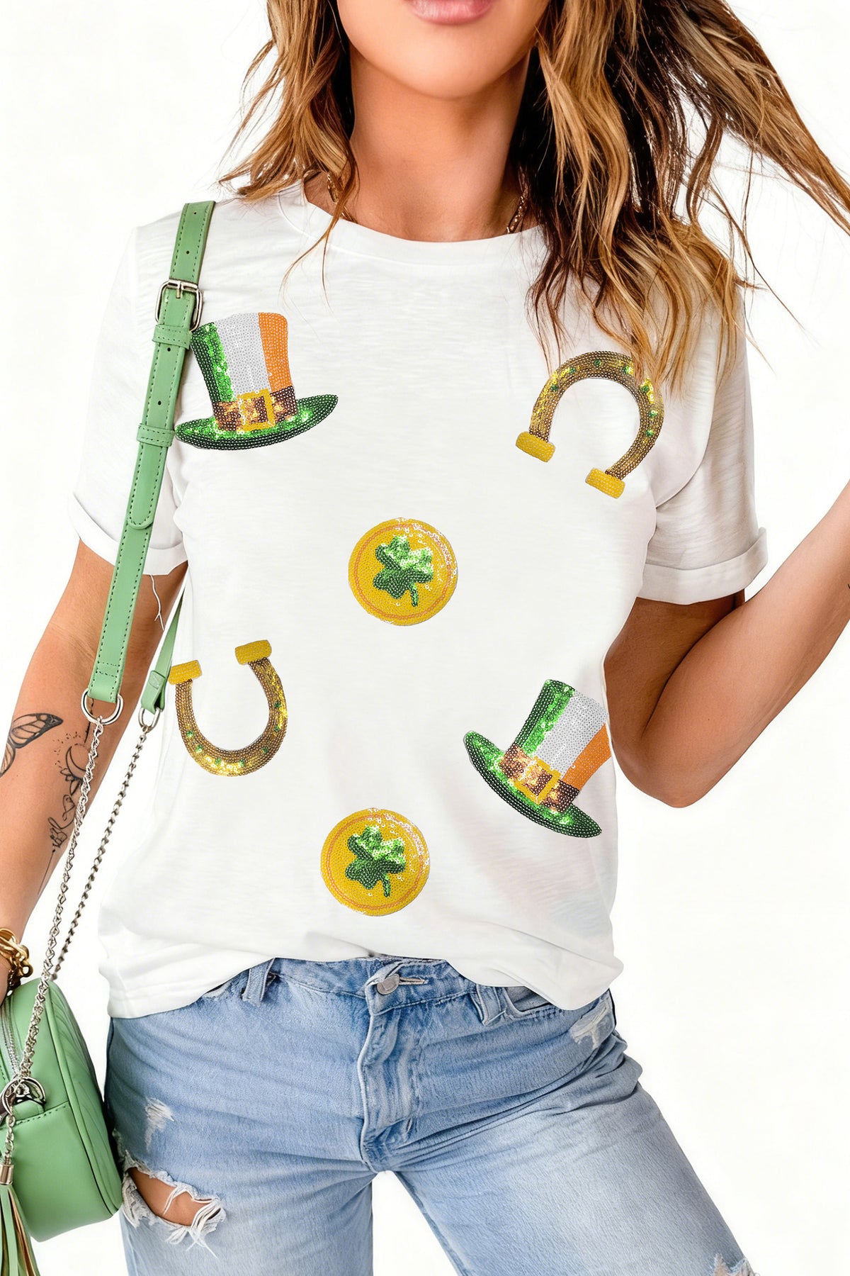 White St Patricks Day Sequin Graphic Casual T-Shirt