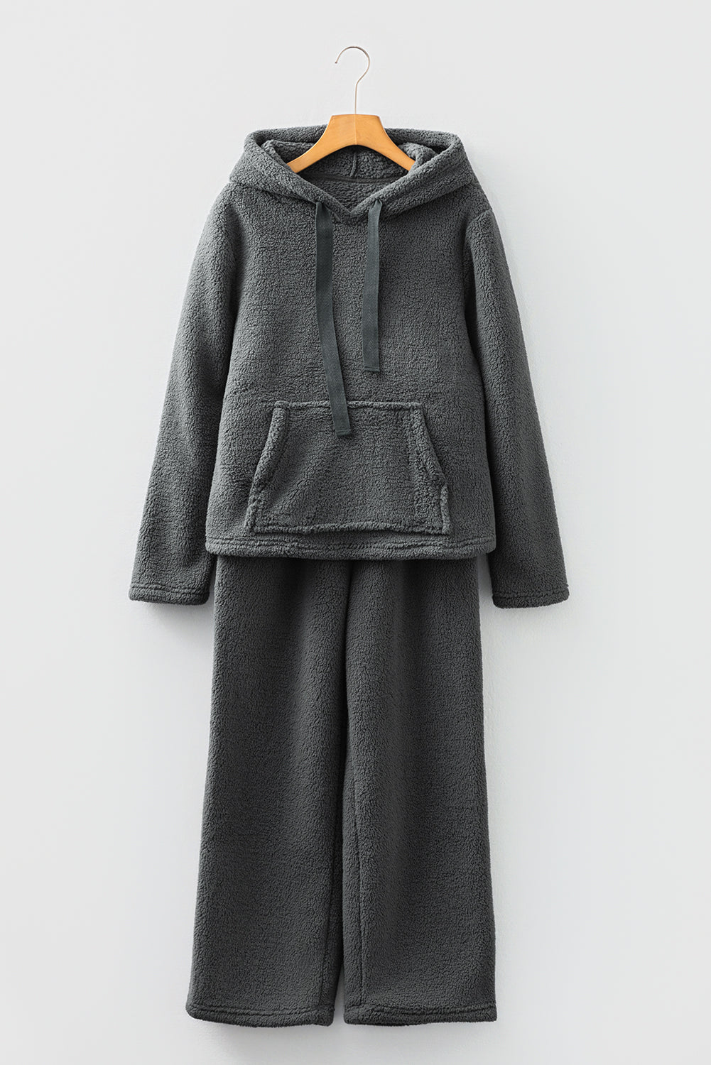 Medium Grey Fuzzy Drawstring Hoodie Lounge Pants Set